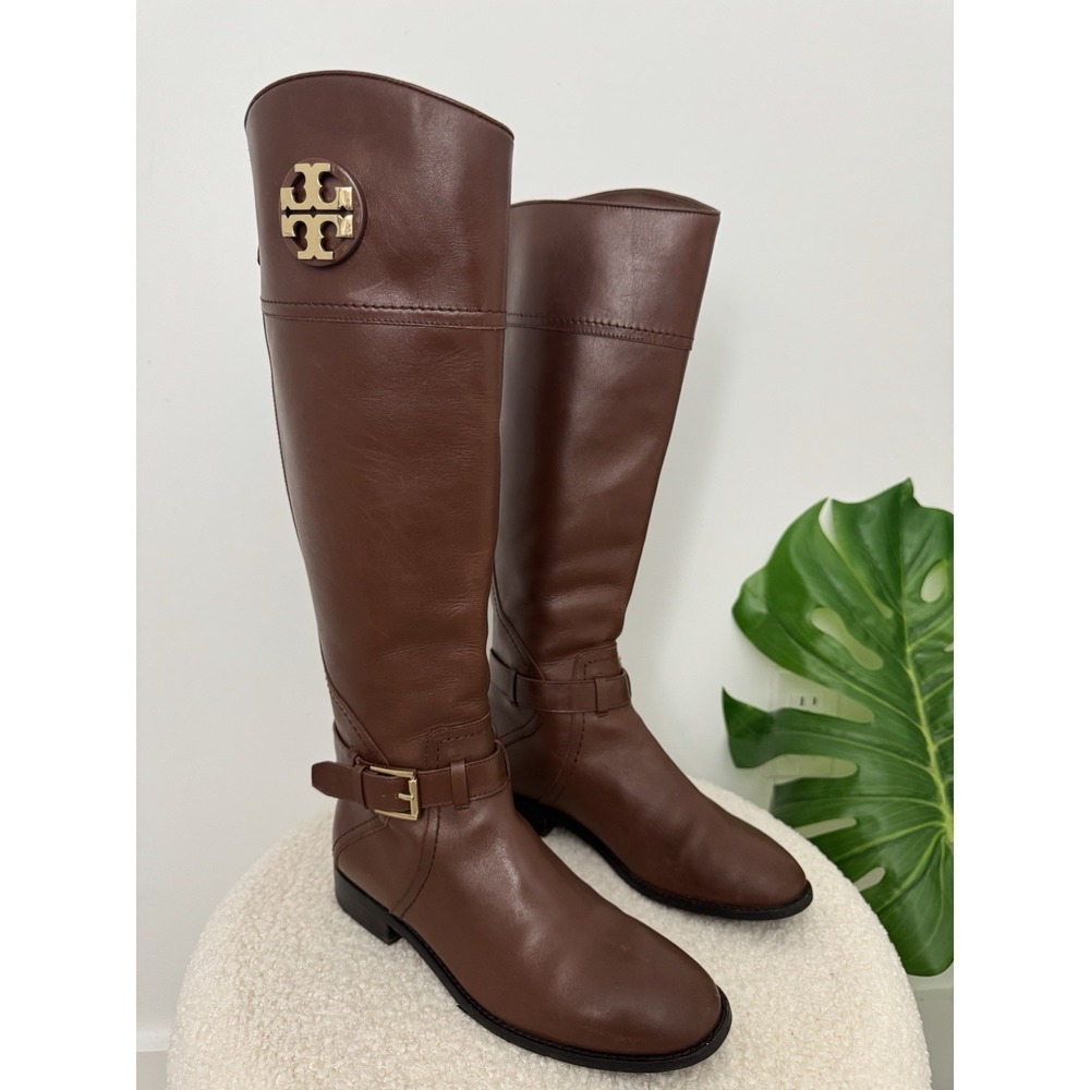 Tory‎ Burch Adeline Brown Leather Tall Riding Boots Size 7.5 M Side Zip Classic